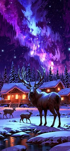 two deer standing next to each other in front of a cabin under a night sky