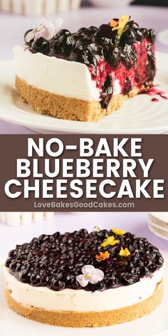 no - bake blueberry cheesecake on a white plate with text overlay