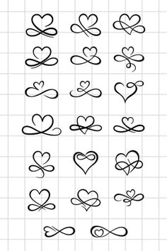 the different types of hearts drawn in black ink on a white tiled wall with squares