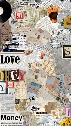 a collage of newspapers and magazines with sunflowers on the top, love is in the air