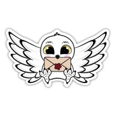 an envelope with eyes and wings is shown on the back of a sticker that says,