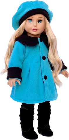 a doll with blonde hair wearing a blue coat and black boots