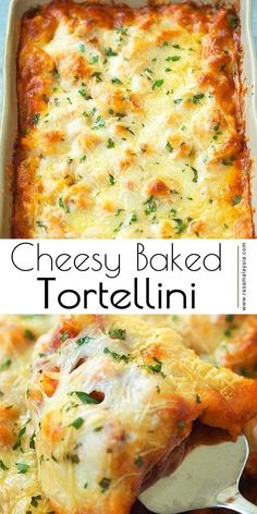 cheesy baked tortellini in a casserole dish