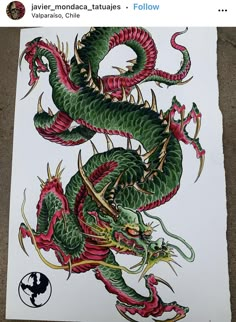 a drawing of a green and red dragon