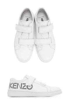 Kenzo White Tennix Velcro Sneakers. Buffed leather low-top sneakers in white. Round toe. Velcro strap closures. Logo embossed at tongue and heel. Velcro Sneakers, Velcro Straps, Top Sneakers