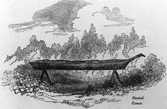 an old drawing of a canoe in the middle of a field with trees around it