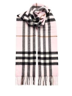 Powder pink cashmere scarf with fringes and tartan pattern from Burberry. Edge Scarf, Versace Designer, Burberry Scarf, Unisex Accessories, Long Style, Tartan Pattern, Powder Pink, Designer Style, Cashmere Scarf