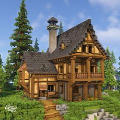 Rustic Houses Minecraft, Cliffside Village Minecraft, Spruce Farmhouse Minecraft, Minecraft House Exterior Design, Village Minecraft Builds, Minecraft Build Designs, Minecraft Building Styles, Dark Academia Minecraft House, Minecraft Lodge