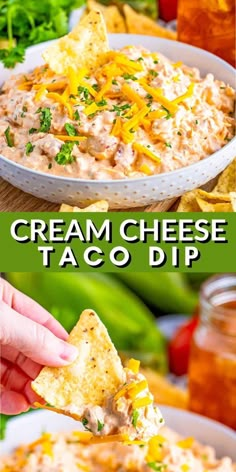 two pictures showing different types of dips with text overlay that reads cream cheese taco dip