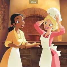 the princess and the frog are talking to each other in front of a brick oven