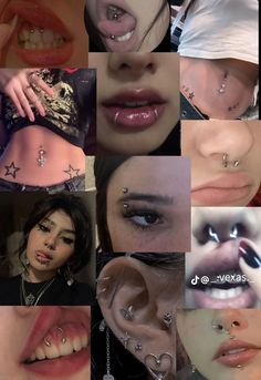 many different pictures of women with piercings on their nose and neck, all showing the same