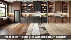 a kitchen with dark brown cabinets and wood flooring is featured in this ad for the home depot