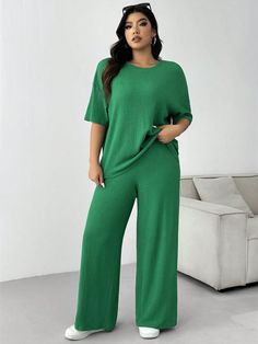 Plus Size Women's Casual Texture Round Neck Oversized T-Shirt And Loose Pants Summer Set Green Casual    Plain  Slight Stretch  Women Plus Clothing, size features are:Bust: ,Length: ,Sleeve Length: Maternity Outfits, Pants Summer, Co Ords, Summer Set, Loose Pants, Women's Casual, Oversized Tshirt, Maternity Clothes, All Fashion