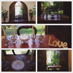 four different shots of the inside of a house with candles, flowers and other decorations