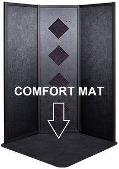 a black room divider with the words comfort mat on it and an arrow pointing up