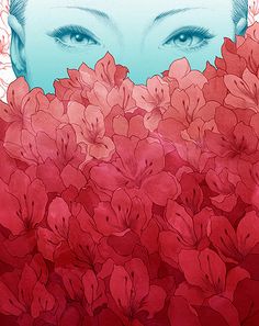 a woman's face surrounded by red flowers with blue eyes in the center and behind her head