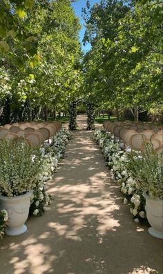 an outdoor ceremony setup with white flowers and greenery on either side of the aisle