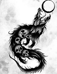 a black and white drawing of a dragon holding a ball in its mouth with the moon above it