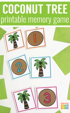 the printable coconut tree memory game for kids to practice counting and number recognition skills