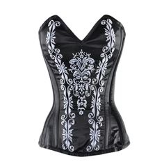 Black with white embroidery Steel Boned Corsets, Boned Corsets, Satin Noir, Corset Fashion, Gothic Corset, Overbust Corset, Lost Girl, Underbust Corset, Corset Lingerie