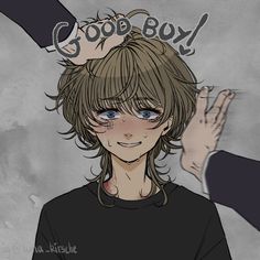 a drawing of a boy with long hair and blue eyes holding his hand up to the top of his head