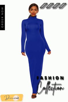 Fashion Solid Color Dress Women Long Sleeve Stretch Slim High Neck Dress Vestido Feminino Casual Fitted High Neck Maxi Dress, Casual Fitted Maxi Dress With High Neck, Fitted High Neck Casual Maxi Dress, Blue Long Sleeve Winter Dress, Blue Fitted Long Dress, Chic Blue Long Sleeve Winter Dress, Fitted Blue Long Sleeve Dress For Spring, Long Bodycon Dress In Solid Color, Long Solid Color Bodycon Dress