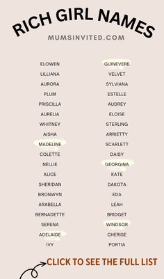 a list of different names and numbers on a white background with the words rich girl names