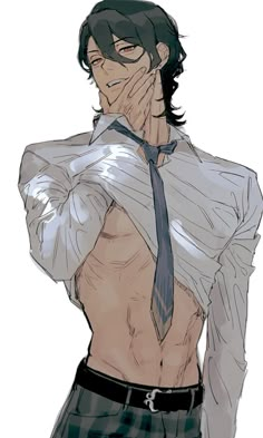 an anime character with his shirt open and tie undone