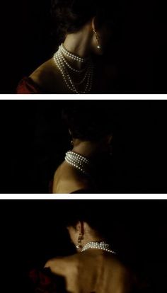 three different shots of a woman wearing pearls on her neck and necklaces in the dark