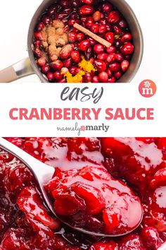 cranberry sauce in a pot with spoons on the side and text overlay that reads easy cranberry sauce