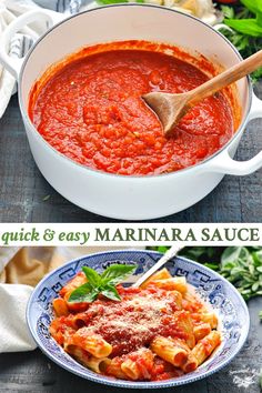 two pictures side by side one with pasta and the other with marinara sauce in it