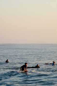 several people swimming in the ocean on surfboards