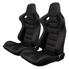 two black leather seats with red stitching on each side and the words view full gallery below