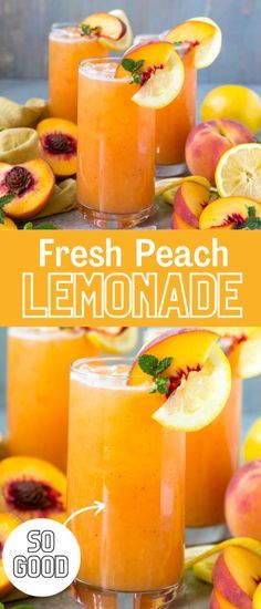 fresh peach lemonade is served in glasses