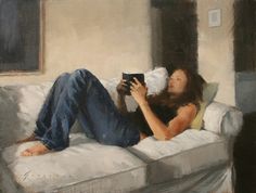 a painting of a woman laying on a couch with a book in her hand and reading