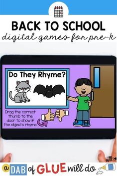 the back to school digital game for children is shown on an ipad with text that reads do they rhyme?