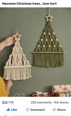 someone is decorating a christmas tree on the wall with macrame yarns