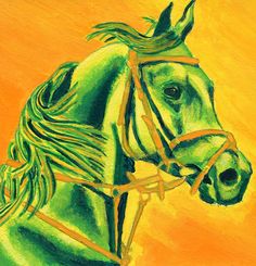 a painting of a green and yellow horse with bridle on it's head