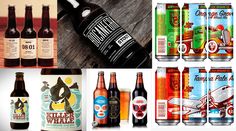 several different types of beer are shown in this collage, including bottles and cans