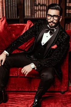 Black single buttoned tuxedo with metallic wildflower embellishments, satin detail shawl collar with adorned edges. Comes with black flat-front trouser. - Aza Fashions Reception Suits, Dapper Grooms, Rahul Khanna, Dresses For Men, Groom Dress Men, Wedding Outfits For Groom, Wedding Dresses Men Indian, Reception Outfit, Velvet Shawl