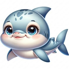 a cartoon baby shark with big blue eyes and an adorable smile on its face is floating in the air