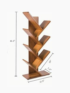 a wooden book shelf with three shelves on each side and measurements for the top section