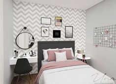 a bedroom with a bed, desk and pictures on the wall above it is decorated in gray and white