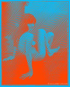 an orange and blue poster with wavy lines