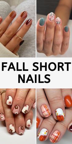 Cute Fall Nail Ideas For Acrylics, October Nails 2024 Short, Shellac Ideas For Short Nails, Floral Nails Fall, Small Nails Design Fall, Fall October Nails Short, Cute Fall Nails Short Square, Fall Nails At Home Easy