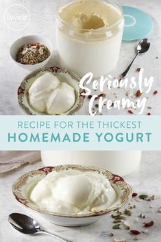 the recipe for homemade yogurt is shown in two bowls