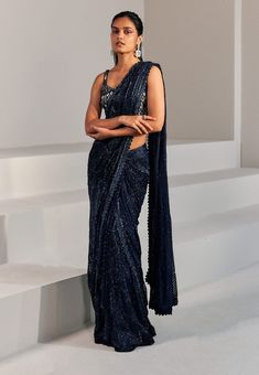 Ritika Mirchandani-Navy Blue Pre-Stitched Lehenga Saree Set-INDIASPOPUP.COM Draped Lehenga, Ritika Mirchandani, Drape Lehenga, Shimmer Saree, Royal Blue Saree, Sequence Saree, Reception Bride, Character Wardrobe, Party Reception