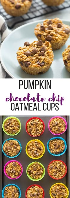 pumpkin chocolate chip oatmeal cups recipe with text overlay