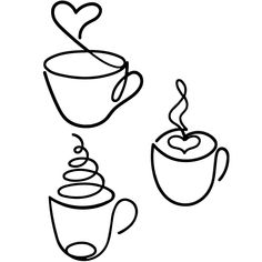 three cups with hot drinks and hearts drawn in one line on a white background illustration