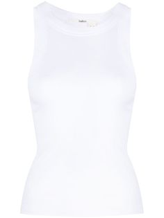 optical white cotton knitted construction fine ribbed halterneck sleeveless straight hem Tank Top White, Airport Fashion, Cotton Tank Top, Airport Style, White Tank Top, Cami Tanks, White Cotton, Fashion Branding, Tank Top